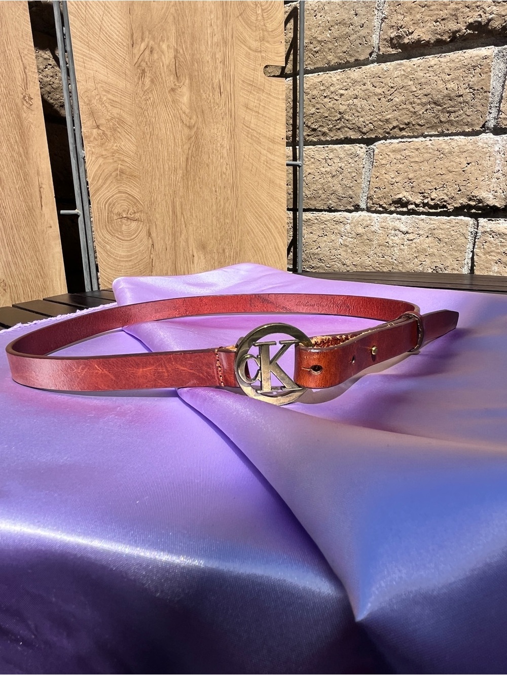 Calvin Klein Saddle Brown Leather Belt with Gold CK Round Buckle